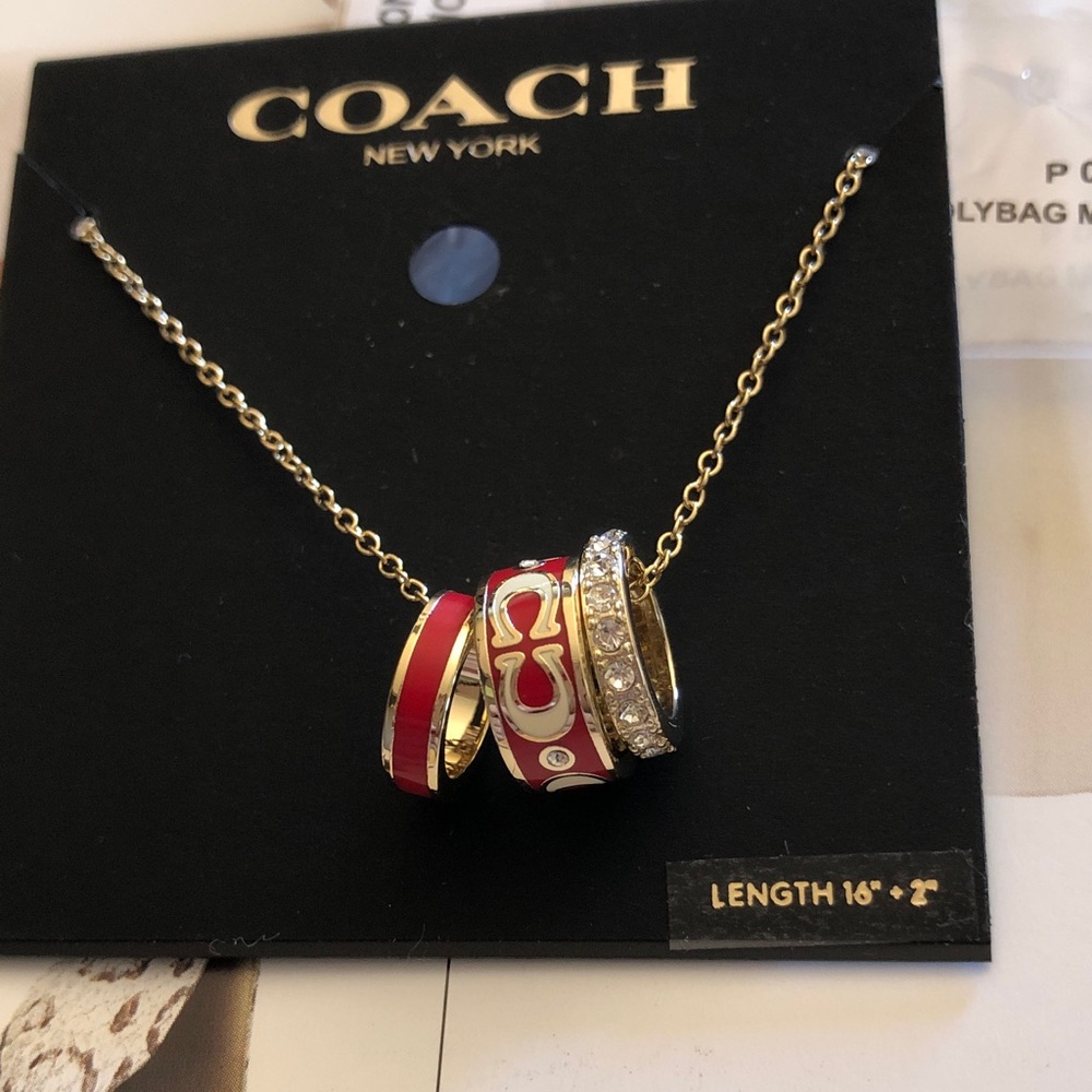 New/tag  AuthenticCoach Gold-Tone Necklace with Red Enamel and Crystal Rings